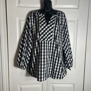 Chicos Poplin  Tunic Top Women 3 (16/18) White Black Gingham Check Long Sleeve